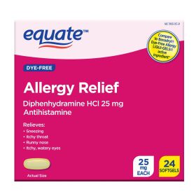 Equate Allergy Relief Softgels with Diphenhydramine Hcl; 25mg Antihistamine; 24 Count