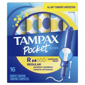 Tampax Pocket Pearl Tampons, Unscented, Regular Absorbency, 16 Ct