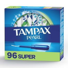 Tampax Pearl Tampons Super Absorbency with BPA-Free Plastic Applicator and LeakGuard Braid, Unscented, 96 Count