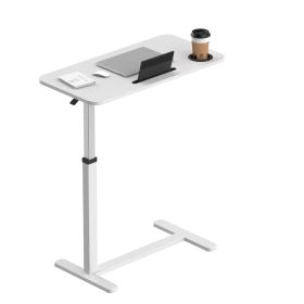 31X16inch Standing Rolling Desk With Hidden Wheels Side Table Adjustable Height OverBed Table Hospital Desk With Cup Holder (Color: Antique White)